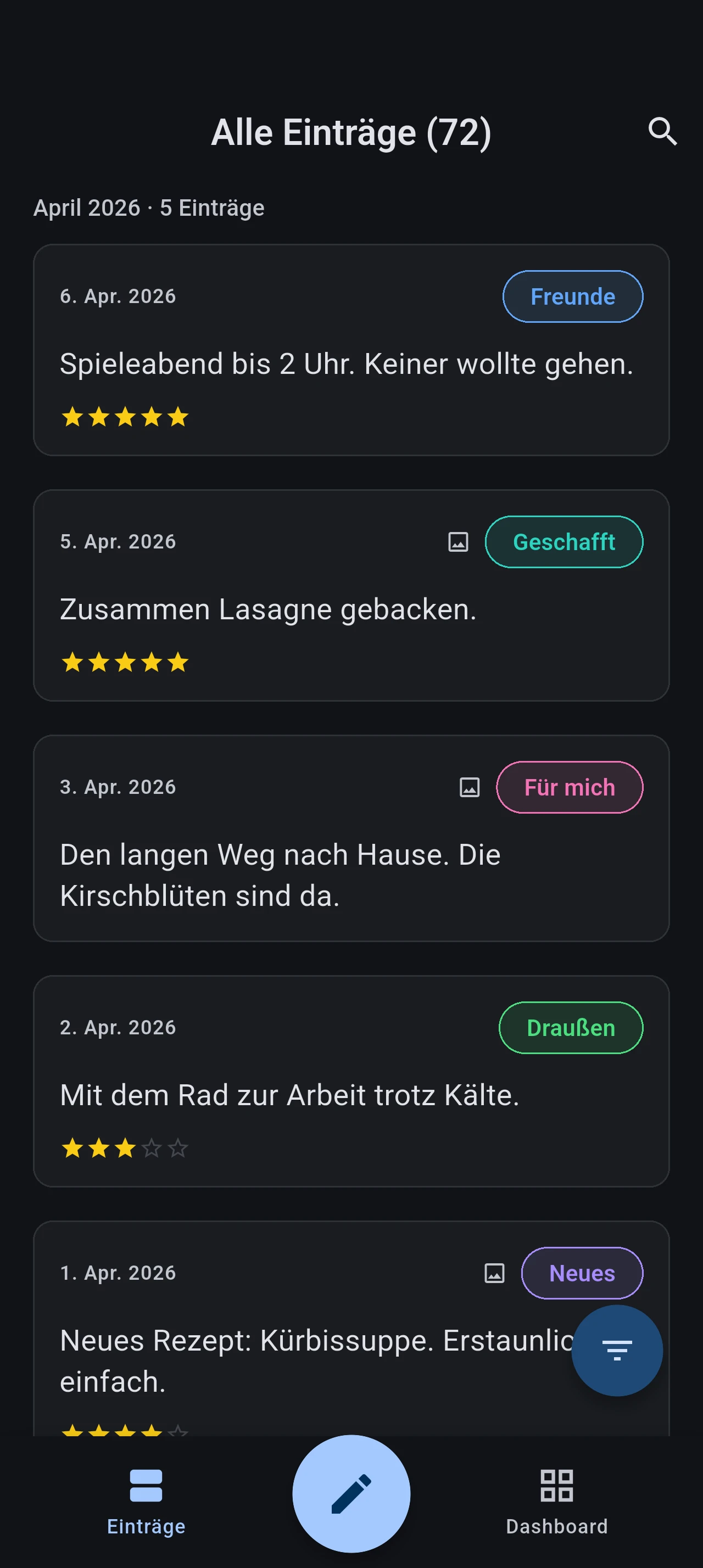 SimpleDot Einträge-Liste — alle Einträge mit Such- und Filteroptionen